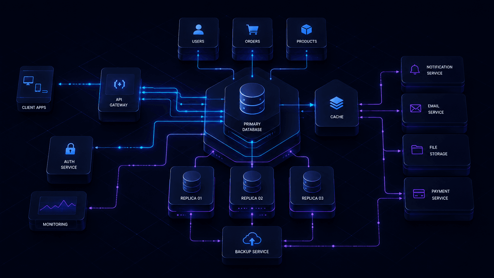Diagrama ilustrativo de un patrón de arquitectura de microservicios: gateway, autenticación, base de datos primaria con réplicas, cache y servicios de soporte